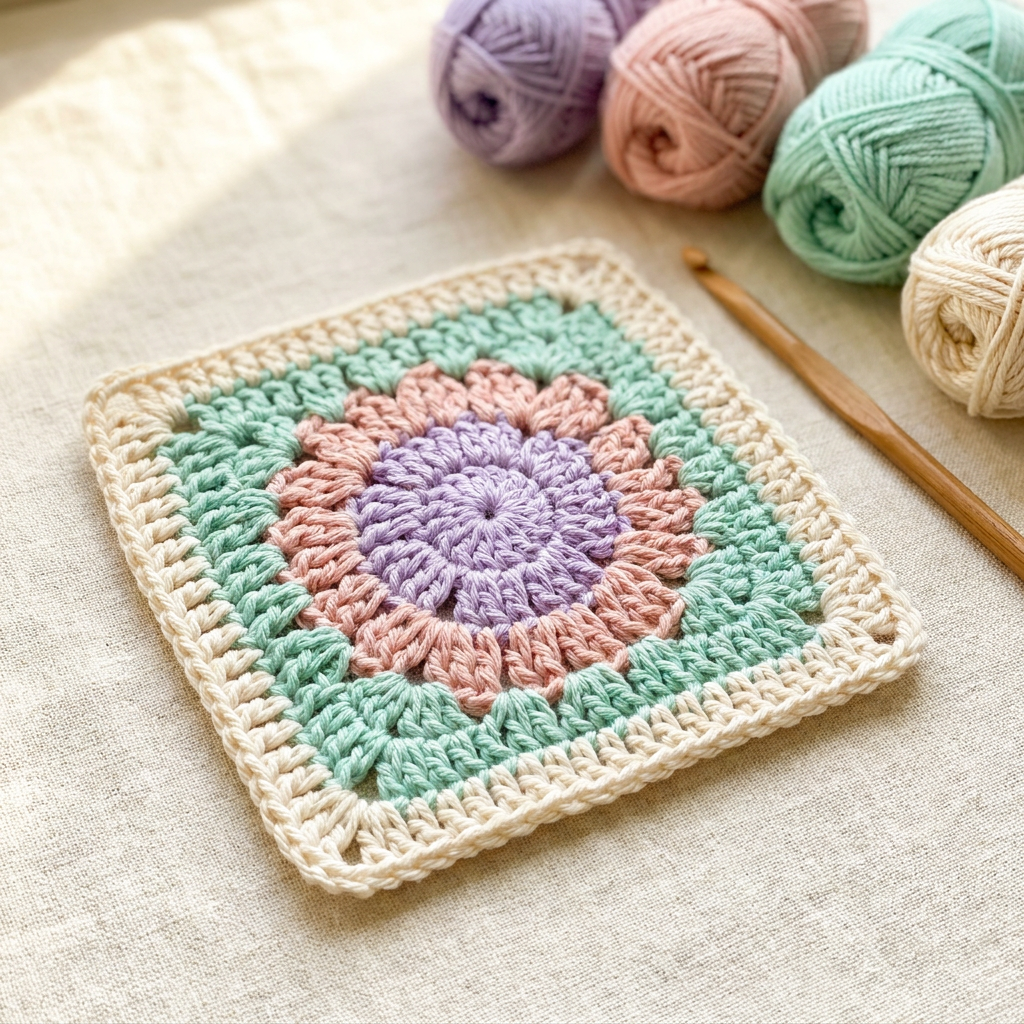Finished pastel beginner crochet granny square with matching yarn balls and wooden crochet hook