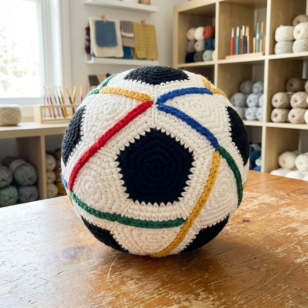 Real-size handmade crochet soccer ball with black and white panels plus red blue green and gold tournament-style yarn accents