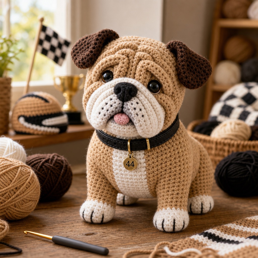 Finished tan and white crochet Champion Bulldog with dark ears, wrinkles, pink tongue, and gold 44 collar tag
