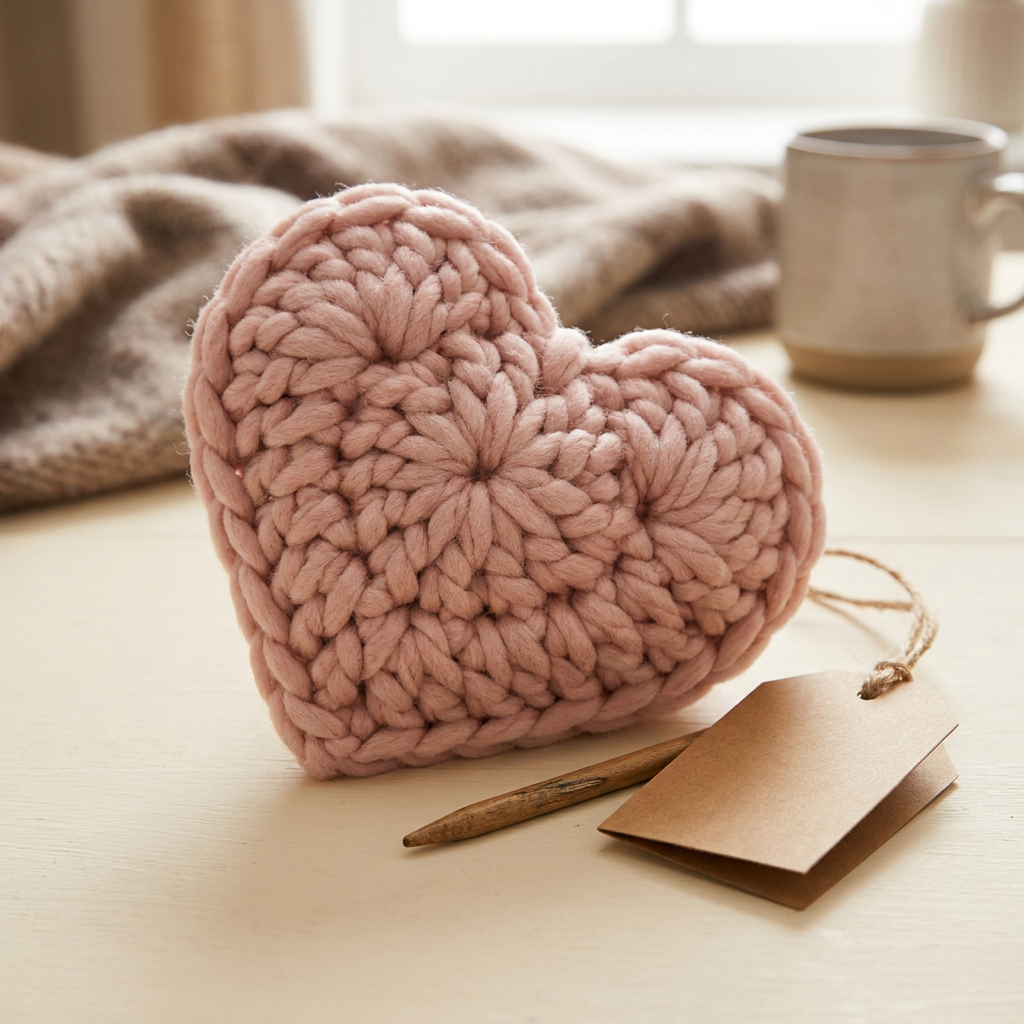 Finished plush blush pink chunky crochet heart with rounded top bumps and neat bottom point