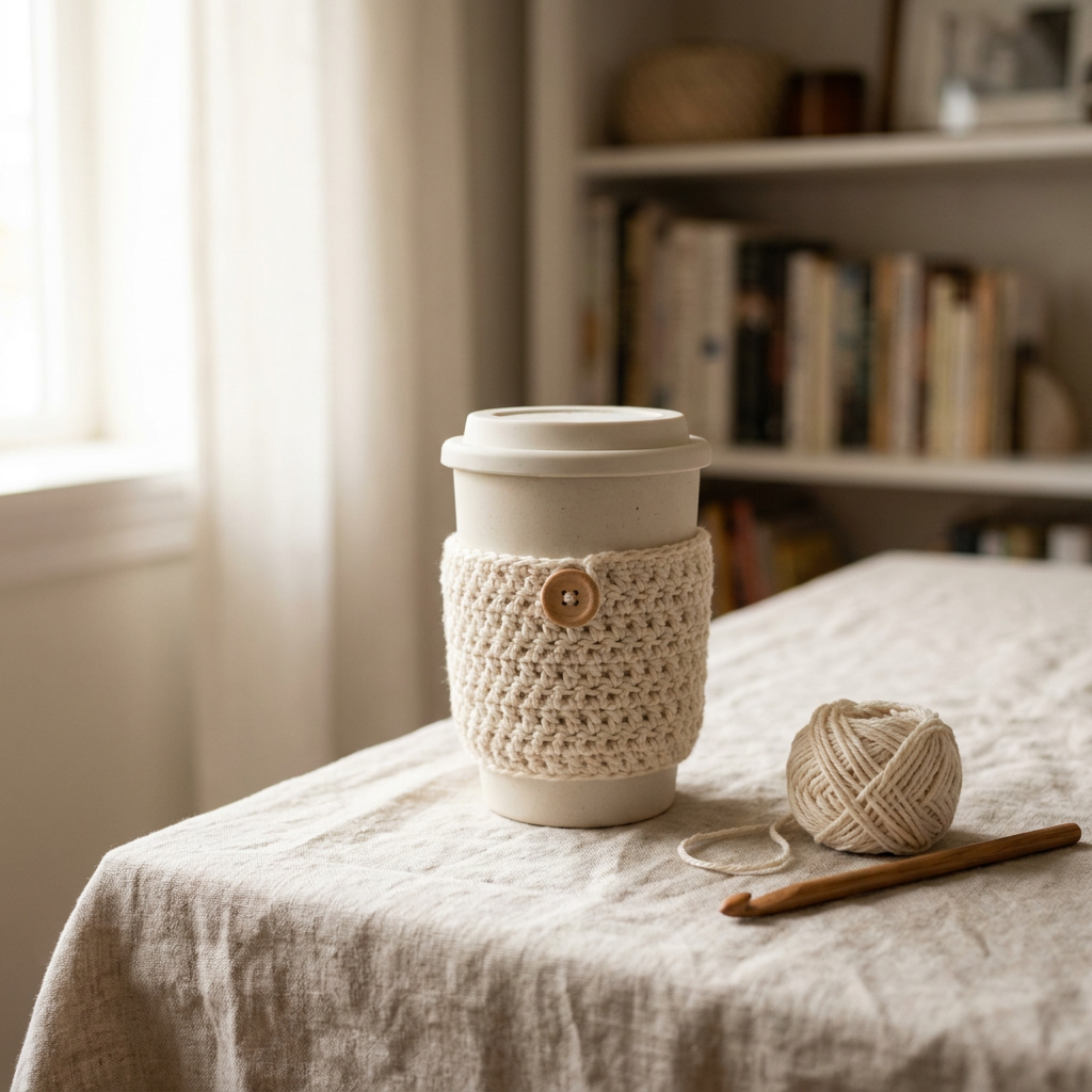 Finished cream crochet cup cozy on a reusable cup with wooden button, yarn ball, and crochet hook