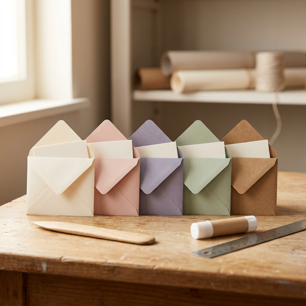 Finished handmade mini envelope set with muted folded envelopes and blank insert cards