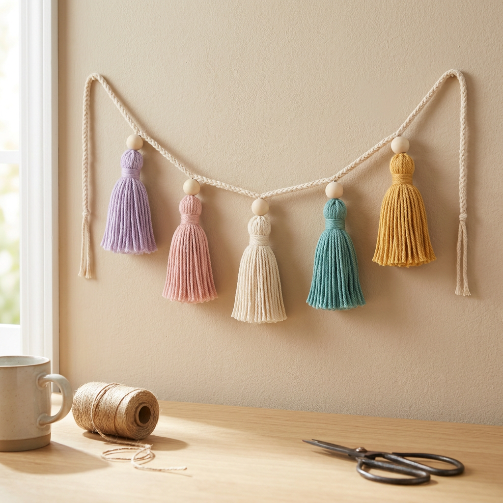 Pinterest-style finished mini yarn tassel garland with five pastel tassels and wooden beads