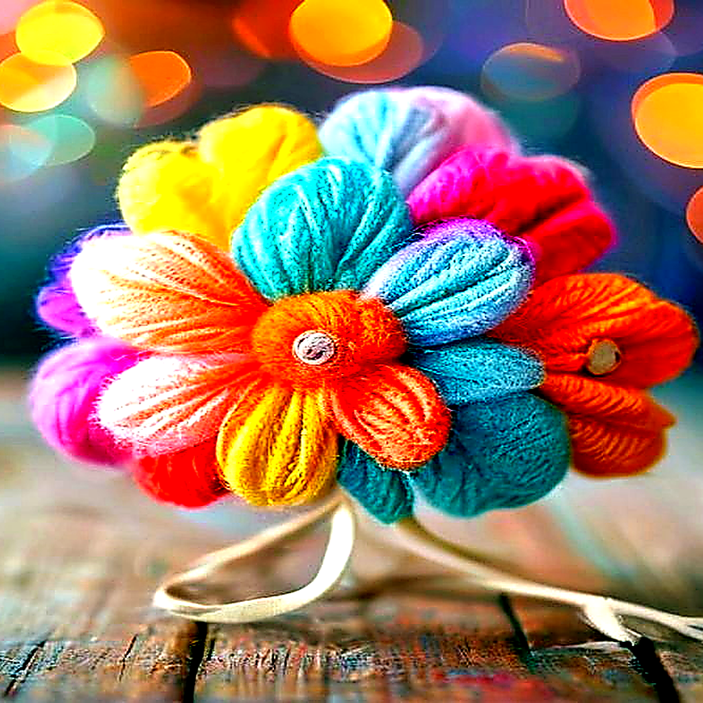 Finished fluffy pink yarn pom-pom flower with wrapped green stem, leaf, and tiny removable gift tag on a warm craft table