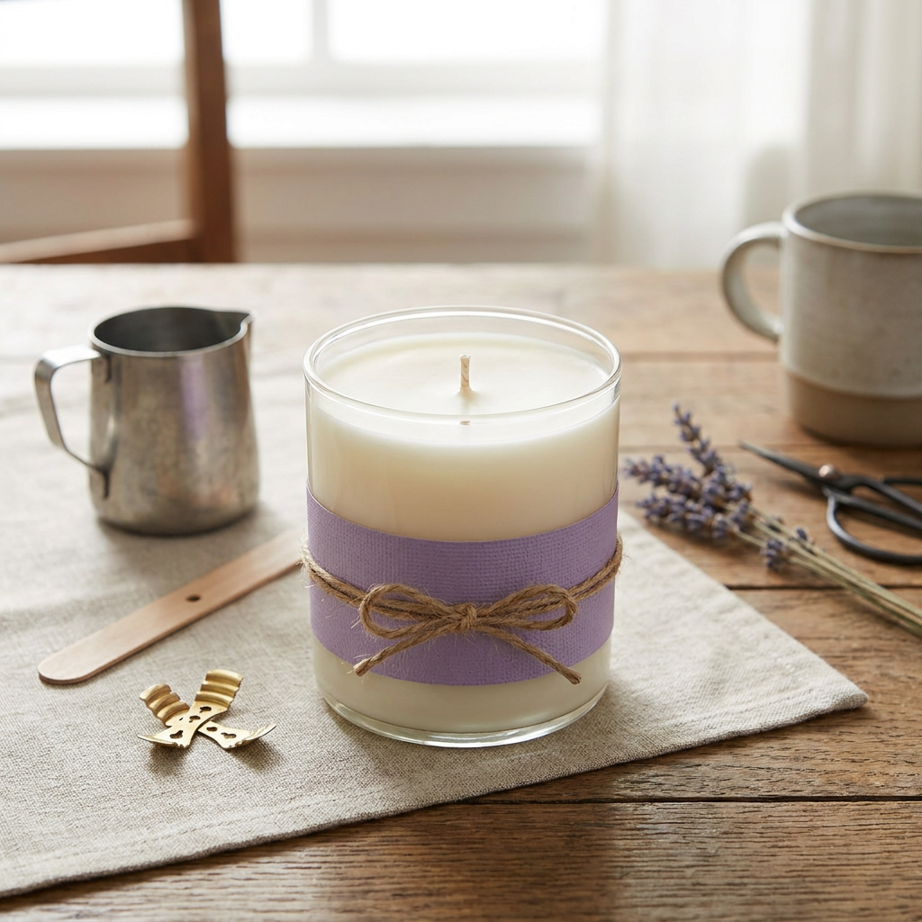 Finished real poured wax candle in a clear jar with centered cotton wick and removable lavender wrap band tied low on the jar