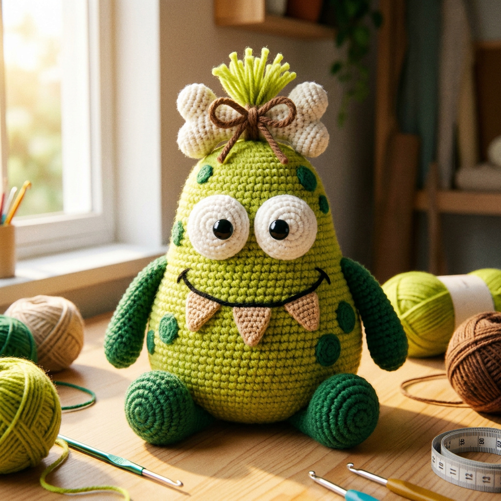 Prehistoric Om Nom crochet plush pattern preview with green head tail, three tan teeth, two arms, two feet, spots, and bone topper attached to the head tail