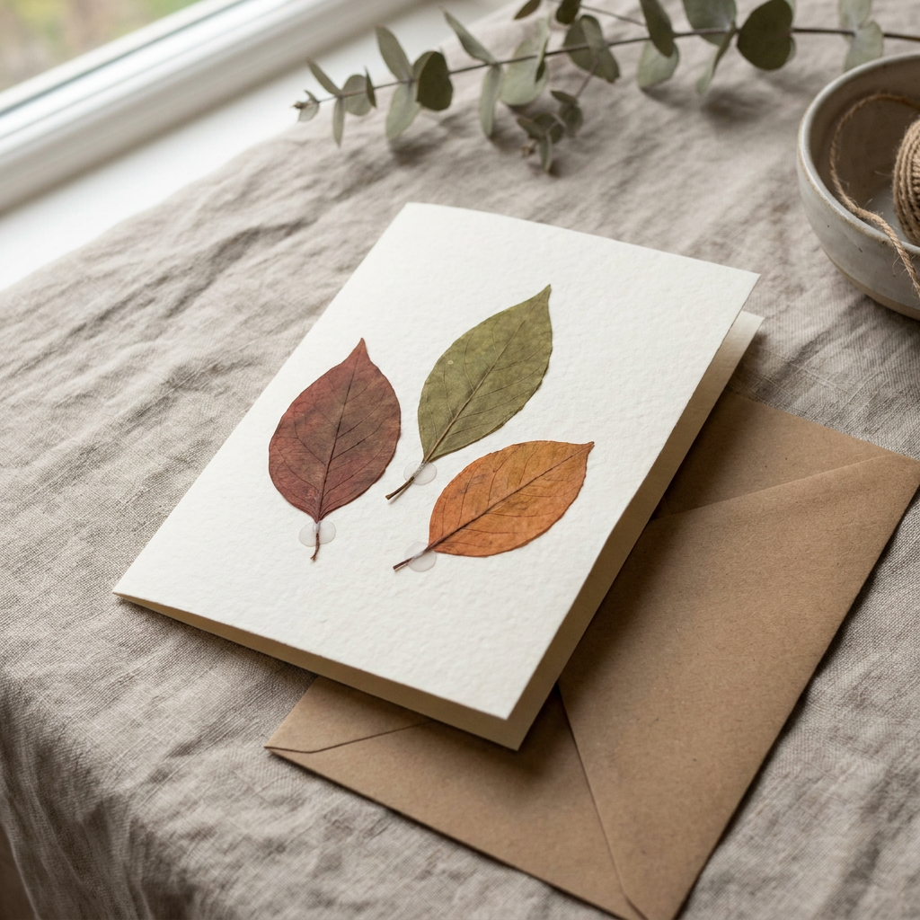 Finished handmade pressed-leaf card with flat autumn leaves and kraft envelope