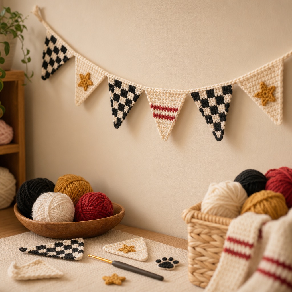 Cute crochet racing flag garland with checkered pennants, red stripes and paw motifs, no numbers or logos