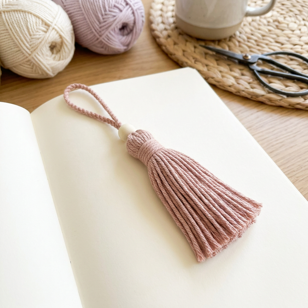 Finished soft blush yarn tassel bookmark with braided loop, bead, and neatly trimmed fringe