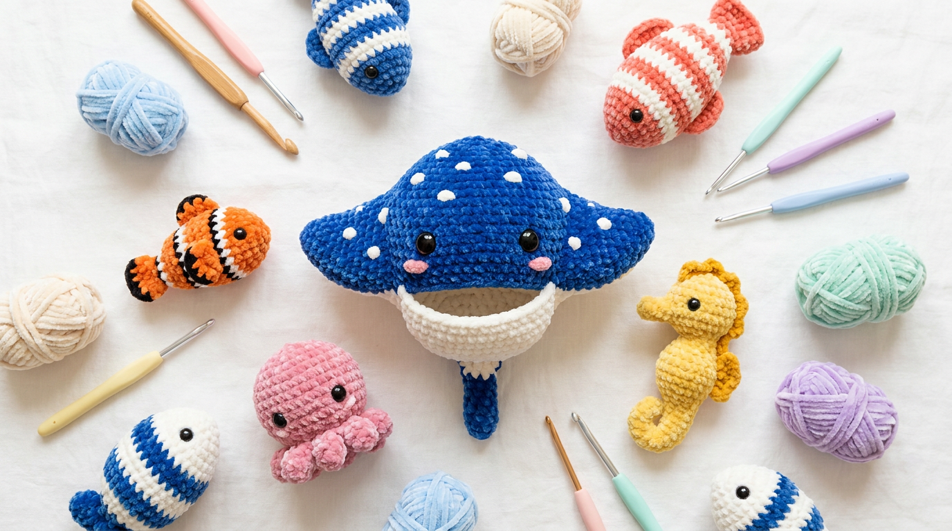 Beautiful flat lay of handmade crocheted sea creatures including a blue stingray, clownfish, octopus, and seahorse with yarn and crochet hooks